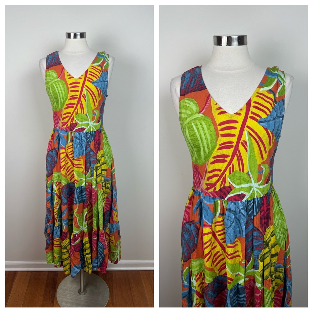 Jams World Sunset Passage Colorful Tropical Floral Long Ruffle Dress Women Large